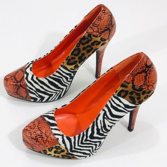 Qupid Animal Print High Heels, Orange, White, 6 - Picture 2 of 9